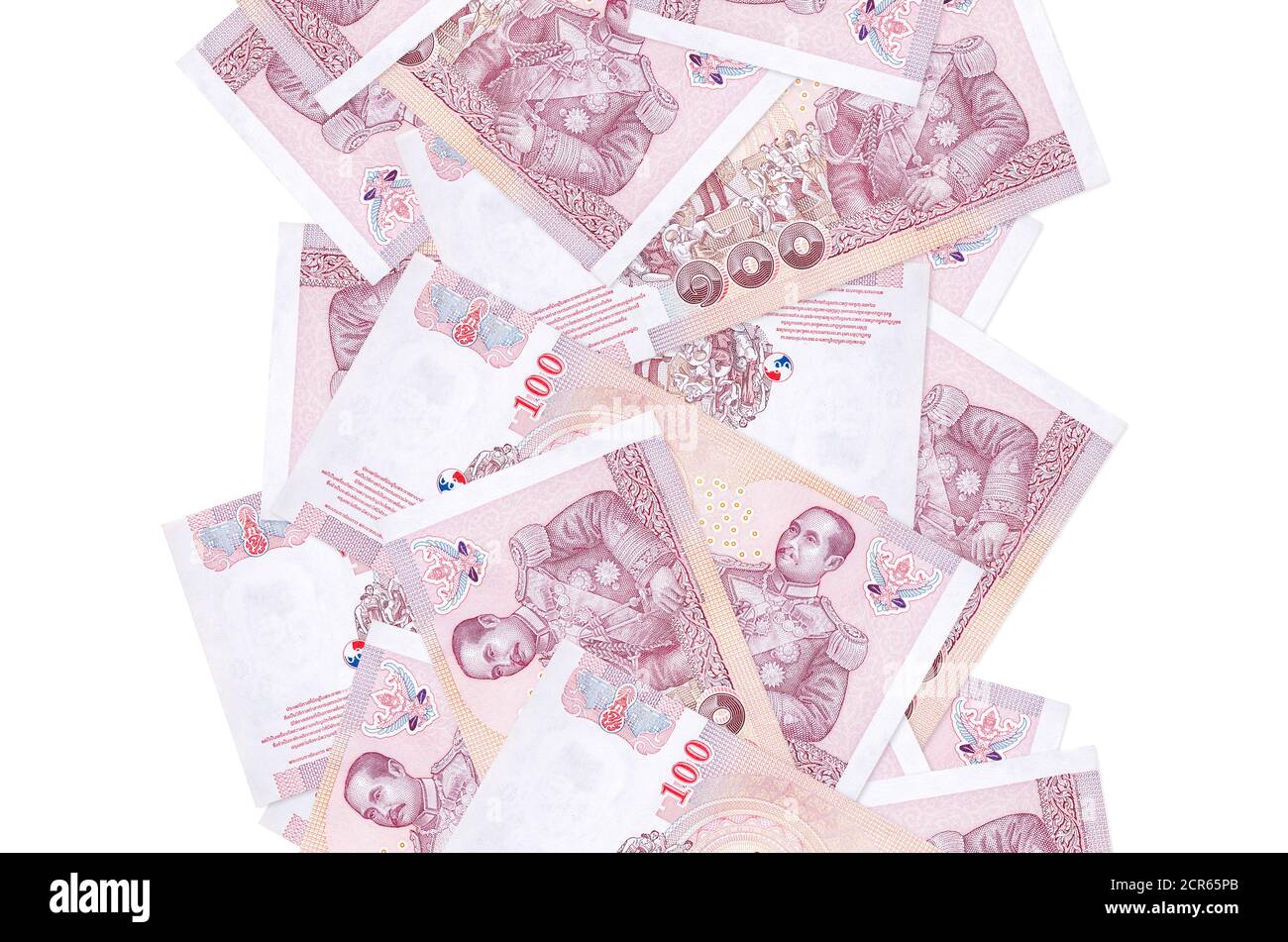 100 Thai Baht bills flying down isolated on white. Many banknotes falling  with white copy space on left and right side Stock Photo - Alamy
