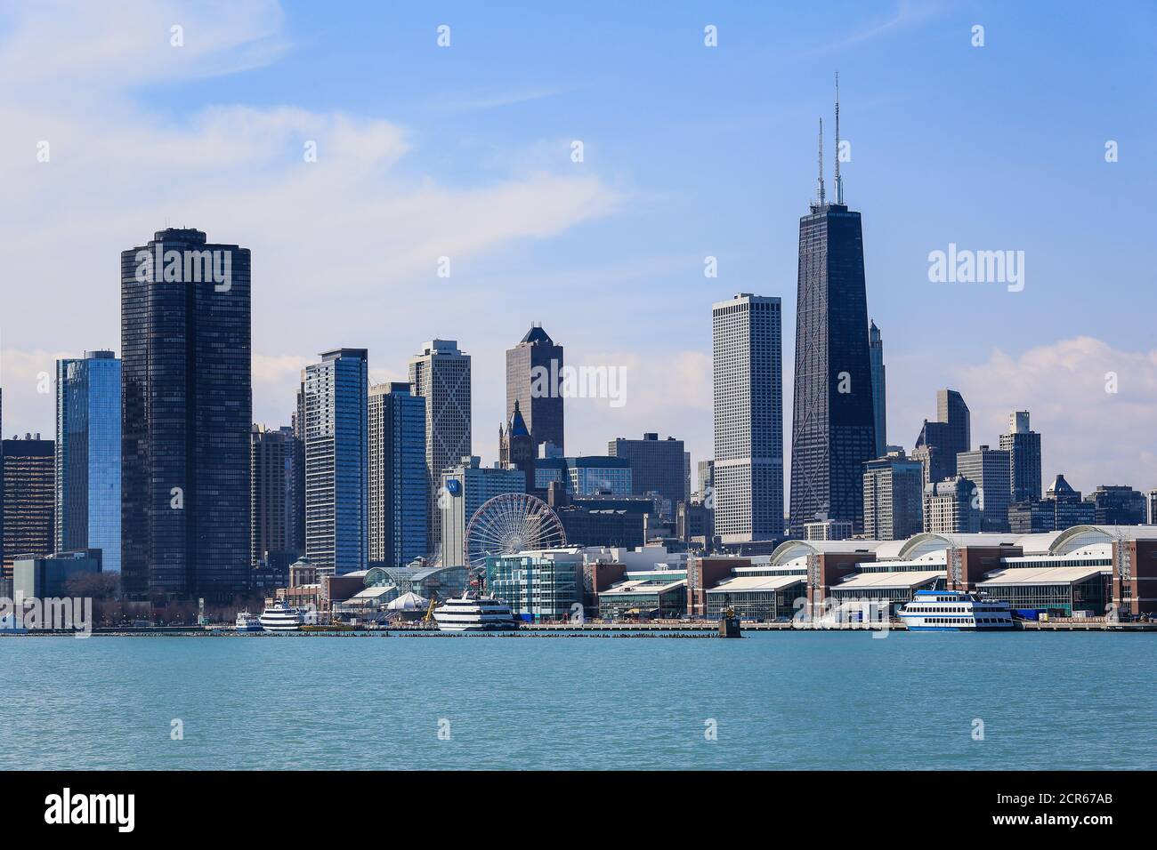 Skyline with Navy Pier and John Hancock Center, Chicago, Illinois, USA, North America Stock Photo