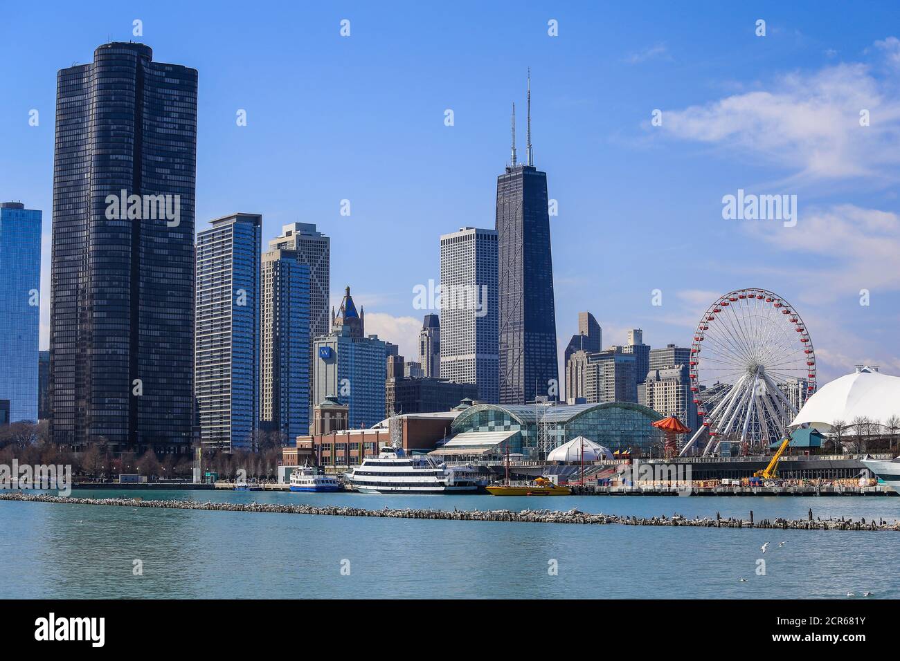 Skyline with Navy Pier and John Hancock Center, Chicago, Illinois, USA, North America Stock Photo