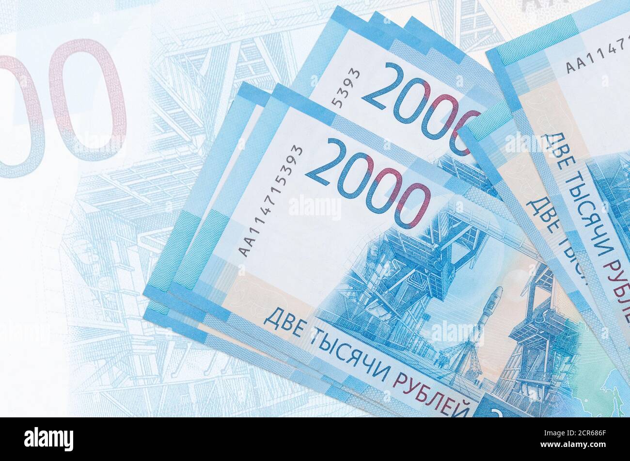 2000 russian rubles bills lies in stack on background of big semi ...