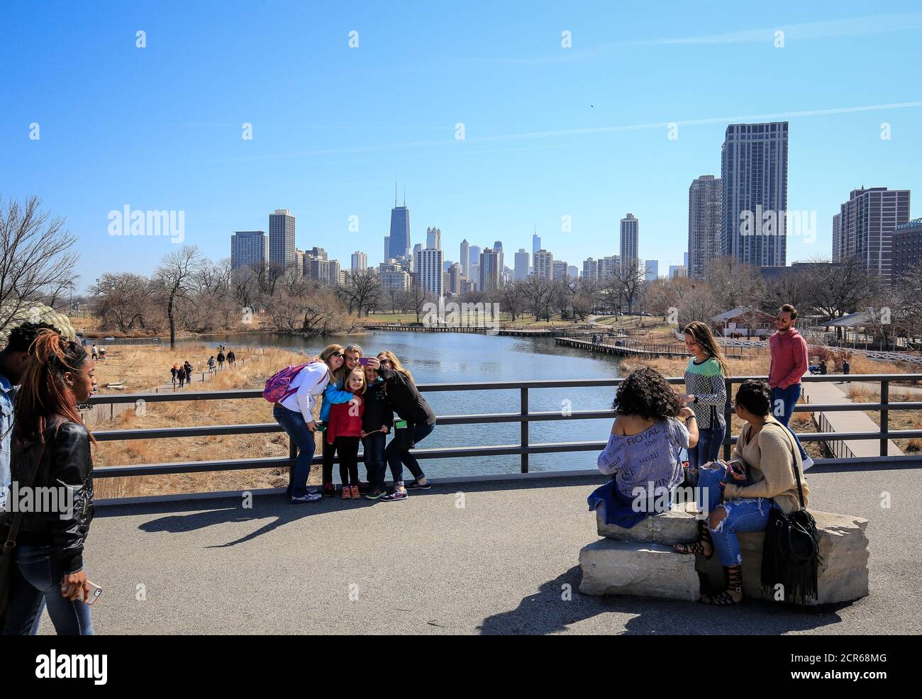 Street scene at Lincoln Park Zoo in front of Chicago skyline, Chicago, Illinois, USA, North America Stock Photo