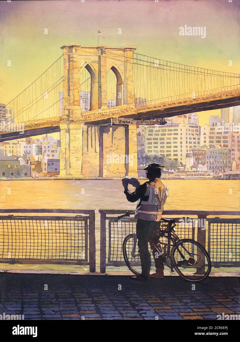 Brooklyn Bridge in New York City. Watercolor painting of Brooklyn ...