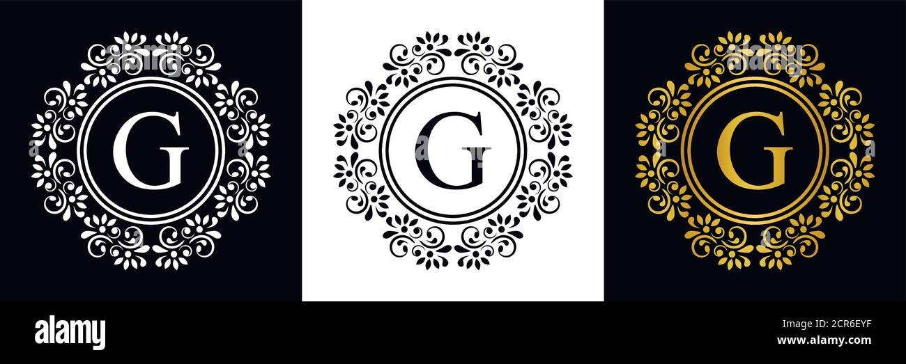Gold letter G. Vintage set black, white and golden flower ornament initial letters.  Alphabet. Logo vector Stock Vector