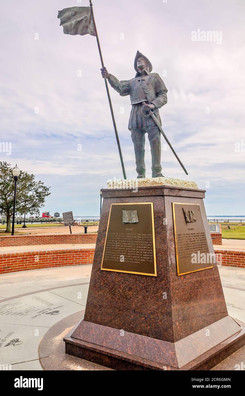 A statue of Spanish explorer Tristan de Luna stands in Plaza de Luna by Palafox Pier, Sept. 18, 2020, in Pensacola, Florida. Stock Photo