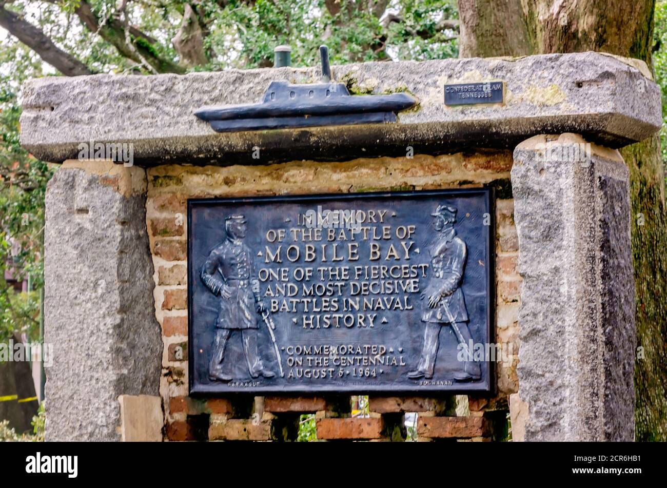 The Battle of Mobile Bay is commemorated with a historic plaque in Bienville Square, Sept. 17, 2020, in Mobile, Alabama. Stock Photo