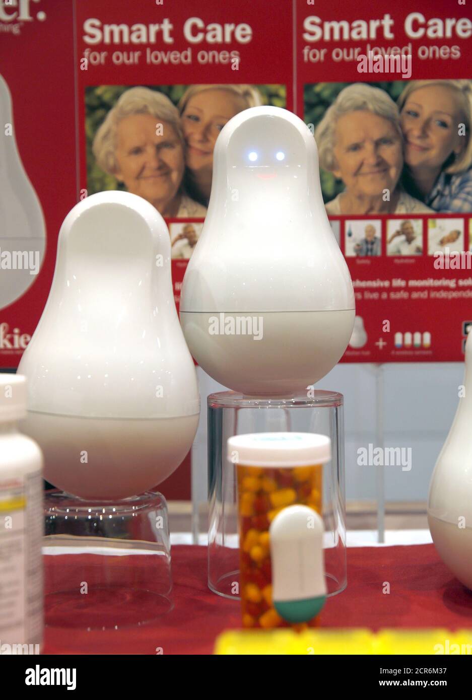 A Mother monitoring system by Sen.se is displayed during 'CES Unveiled,' a preview event of the 2016 International CES trade show, in Las Vegas, Nevada January 4, 2016. The device for seniors has features such as medication reminders and alerts. Sensors on pill bottles let Mother know if the medication has been accessed or merely moved, a representative said. REUTERS/Steve Marcus Stock Photo