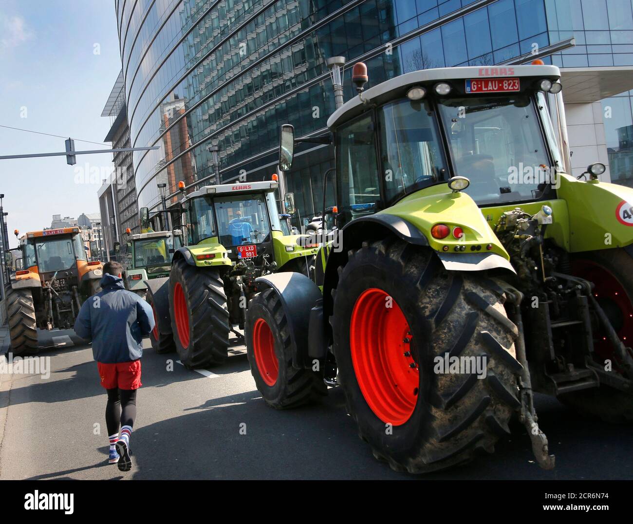 European farmers take part in a demonstration outside the EU headquarters in Brussels, Belgium, March 14, 2016.     REUTERS/Francois Lenoir Stock Photo