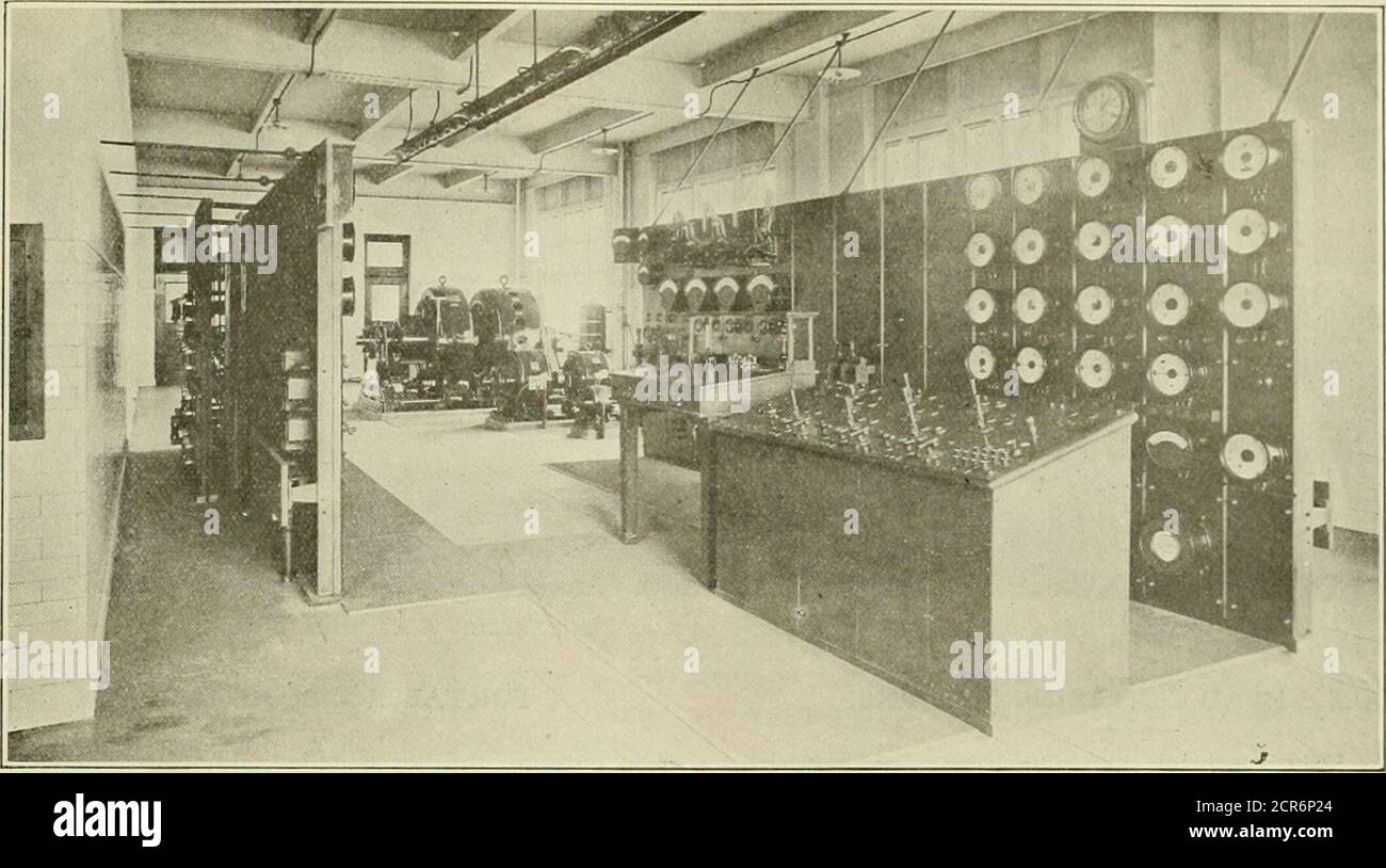 . American engineer and railroad journal . ch are also the control for the switches connecting thedifferent sections of the main bus bar. Directly in front ofeach generator panel on the bench is a vertical panel con-taining the generator instruments consisting of a voltmeter,ammeter, indicating wattmeter, power factor meter, etc.There is also a synchronizing lamp and a lamp indicating theposition of the field rheostat, besides an illuminating indica-tor, forming the return signal from the engine room, on thisboard. These instruments are all operated by current derivedfrom shunt potential trans Stock Photo