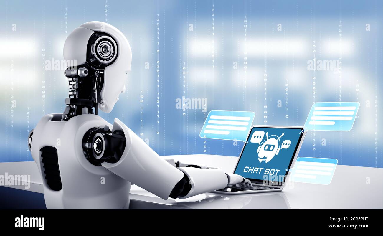 AI robot using computer to chat with customer. Concept of chat bot service  providing help and smart information in social media and e-commerce Stock  Photo - Alamy