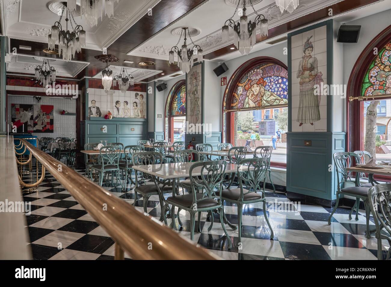 Art Nouveau cafe and restaurant El Real, interior decoration with leaded lights, silkscreen glass windows in Miranda of Ebro, Burgos, Castile and Leon Stock Photo