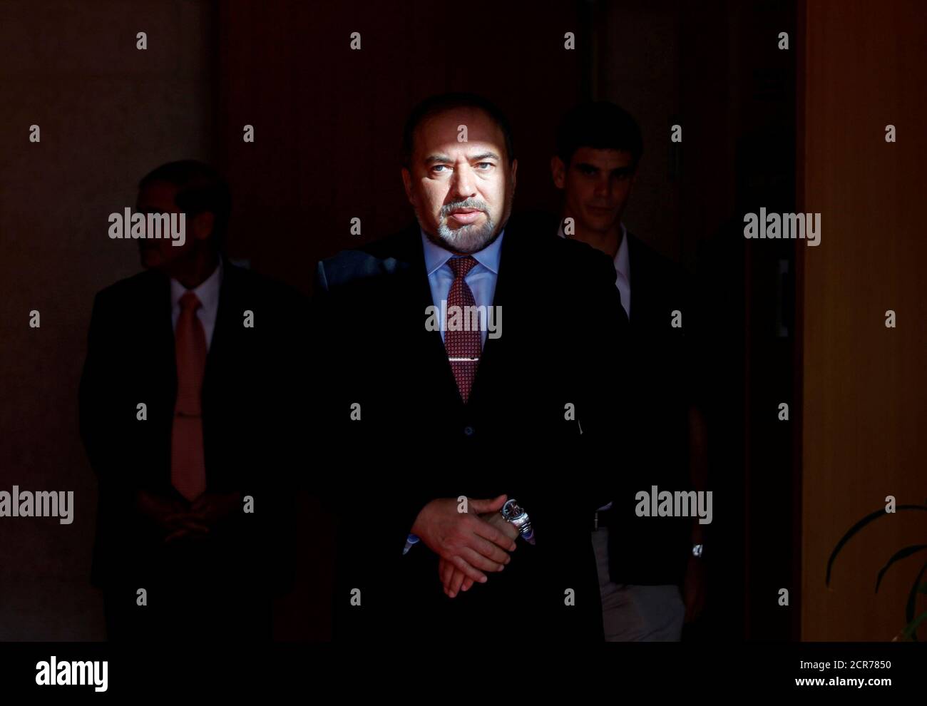 Israel's former Foreign Minister Avigdor Lieberman waits for the arrival of European Union's Foreign Policy Chief Catherine Ashton to their meeting in Jerusalem August 29, 2011. REUTERS/Baz Ratner/File Photo Stock Photo