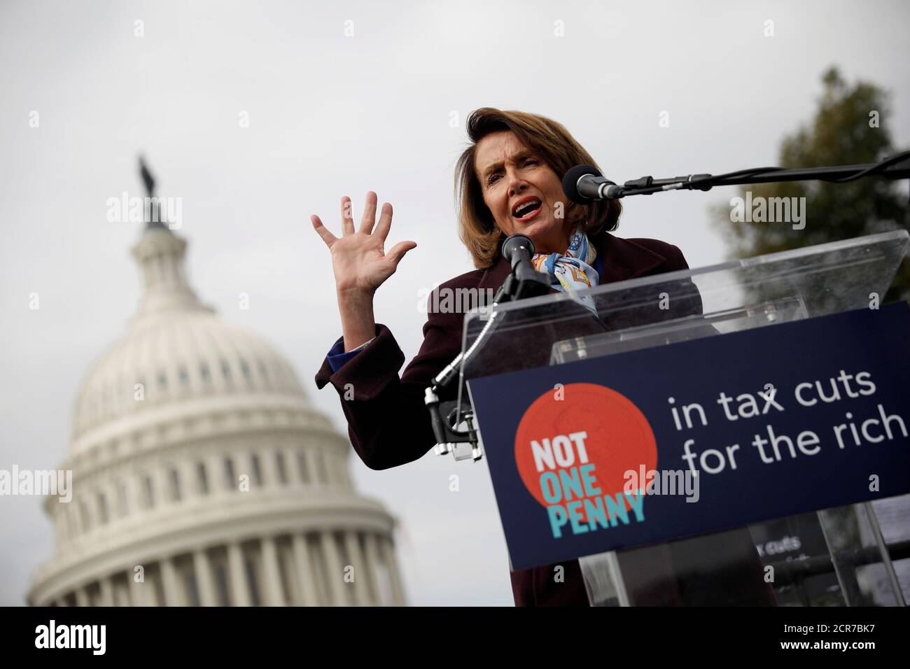 House Minority Leader Nancy Pelosi speaks during a rally against the Republican tax bill on Capitol Hill in Washington, U.S., November 15, 2017. REUTERS/Aaron P. Bernstein Stock Photo