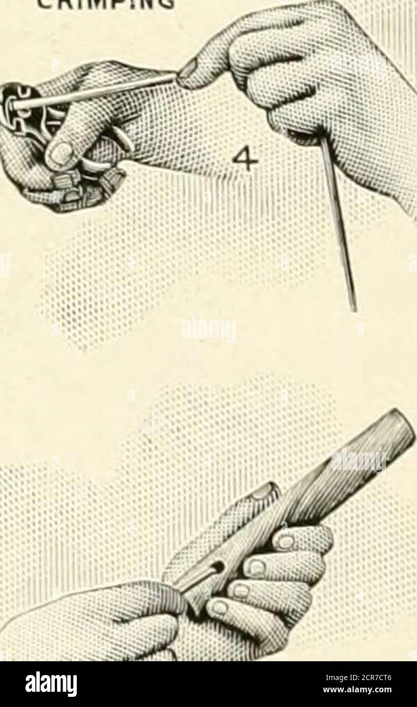 . Intensive farming and use of dynamite . m. afir^y ,W MAKING HOLE IN SIDE OF CARTRIDGE V W&gt; #2 TYING STRING TO FUSE TAKING OUT CAP ^SSi. ajT INSERTING P FUSE AND CAP IN SIDE OF CARTRIDGE I ANOTHER METHOD OF MAKING A PRIMER WITH BLASTING CAP AND FUSE EXPLOSIVES AND BLASTING SUPPLIES tains. An attempt to crimp the blasting cap near the other end wouldbe likely to cause it to explode. The crimp should be made secureenough to prevent the fuse from pulling out of the blasting cap duringthe charging and tamping of the bore hole, and, what is quite as im-portant, particularly in wet work, the cri Stock Photo