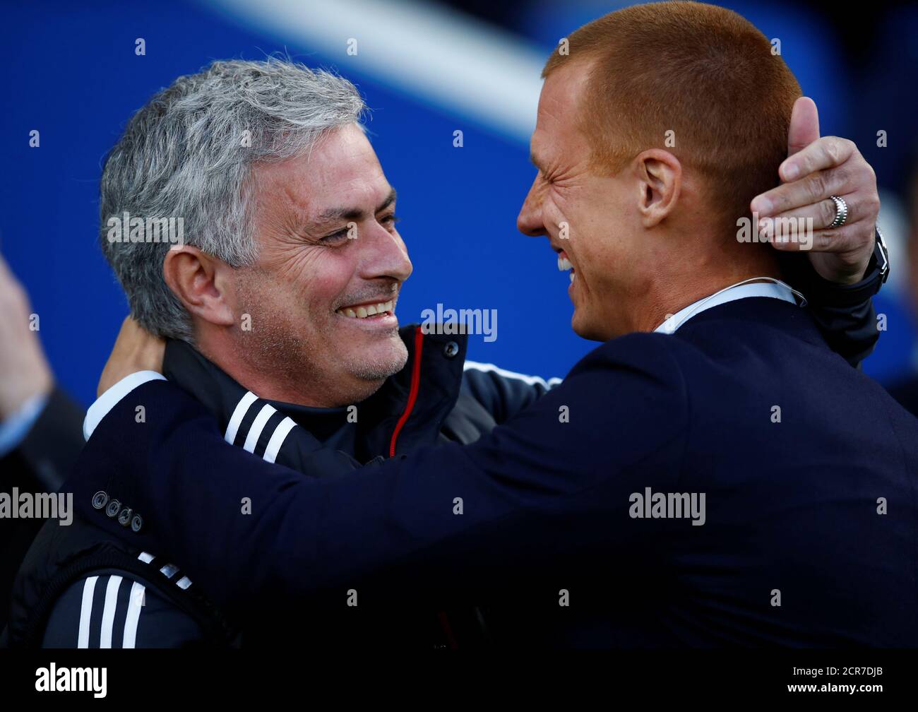Soccer Football - Premier League - Brighton & Hove Albion v Manchester United - The American Express Community Stadium, Brighton, Britain - May 4, 2018 Manchester United manager Jose Mourinho and Brighton's Steve Sidwell before the match REUTERS/Eddie Keogh EDITORIAL USE ONLY. No use with unauthorized audio, video, data, fixture lists, club/league logos or "live" services. Online in-match use limited to 75 images, no video emulation. No use in betting, games or single club/league/player publications. Please contact your account representative for further details. Stock Photo