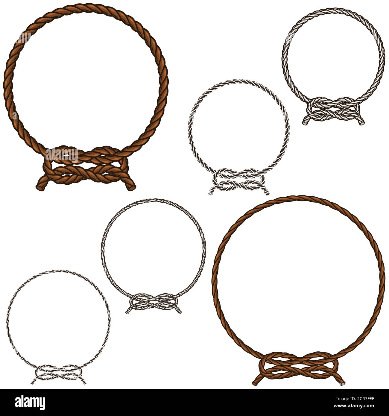 Vector illustration of knotted ropes in color and black and white, easy to change color, all on white background. Stock Vector