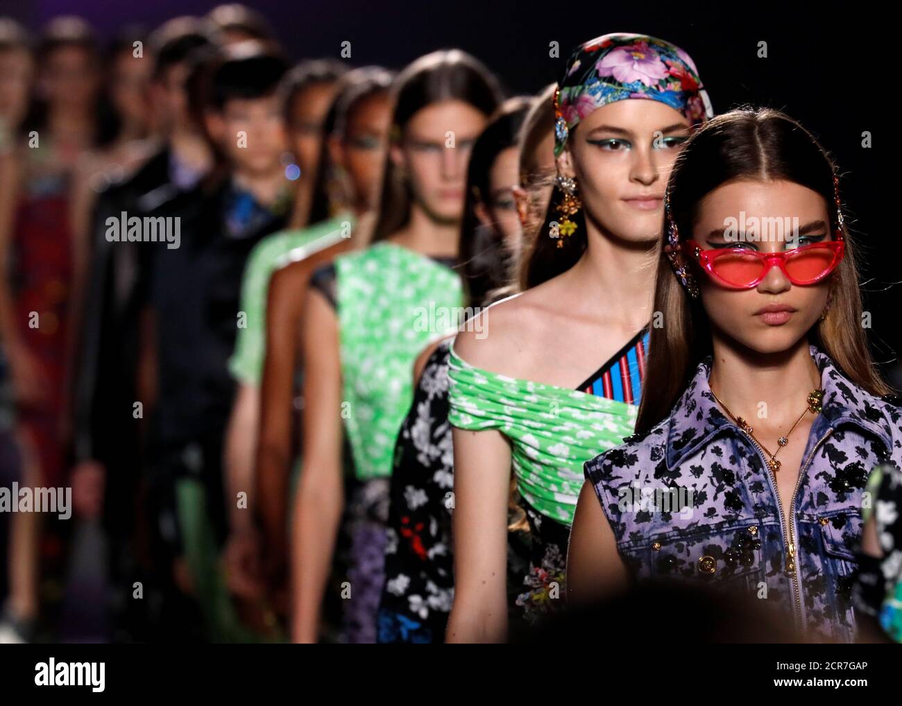 Models present creations at the Versace show during Milan Fashion Week Spring 2019 in Milan, Italy, September 21, 2018. REUTERS/Stefano Rellandini Stock Photo
