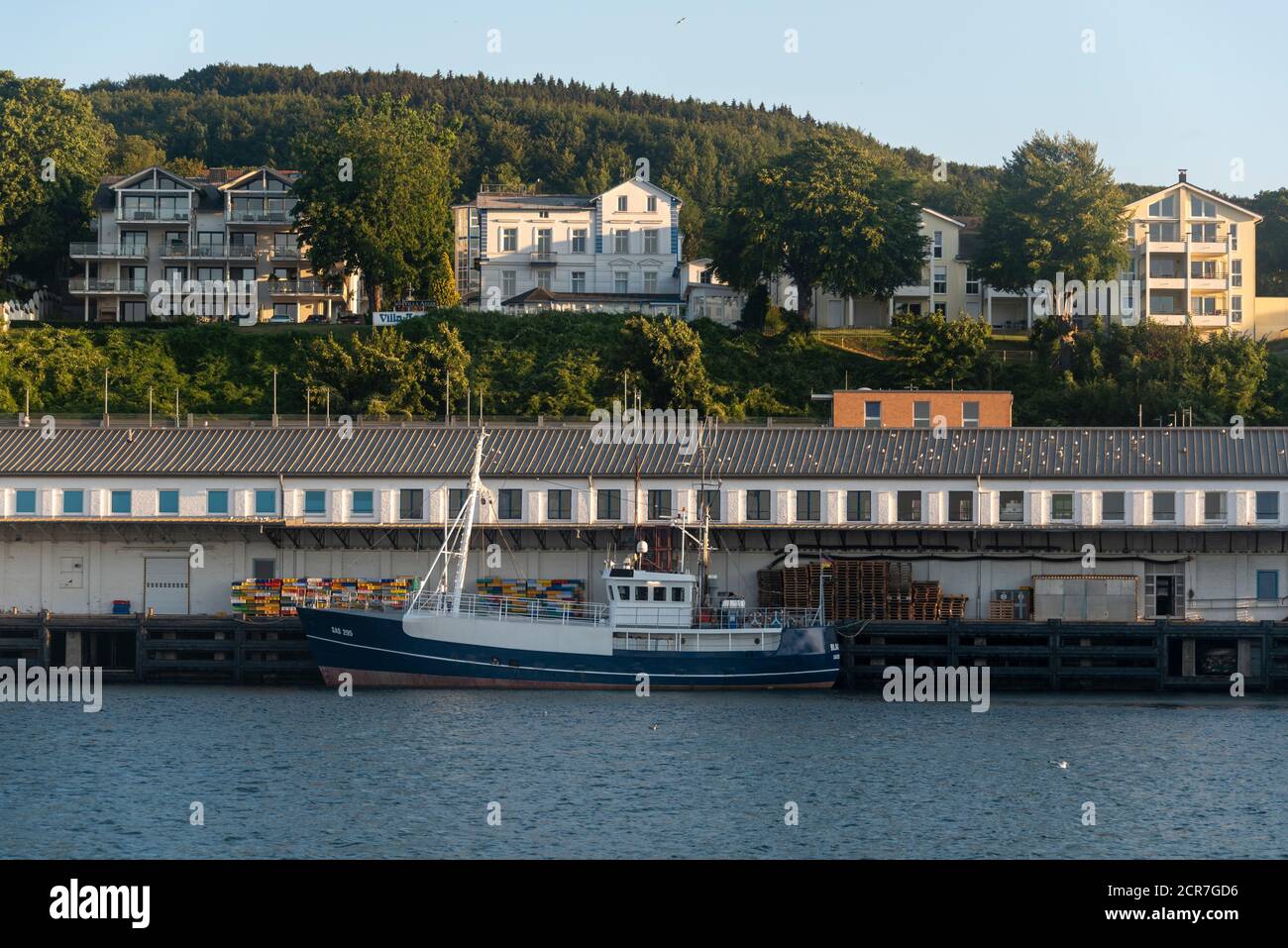 Germany, Mecklenburg-Western Pomerania, Sassnitz, a fishing cutter anchors in the city port of Sassnitz on the island of Ruegen, Baltic Sea Stock Photo