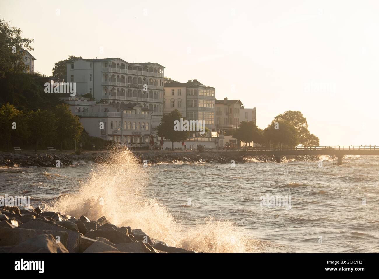 Germany, Mecklenburg-Western Pomerania, Sassnitz, Fürstenhof holiday home on the lake promenade, pier, Ruegen island, Baltic Sea Stock Photo