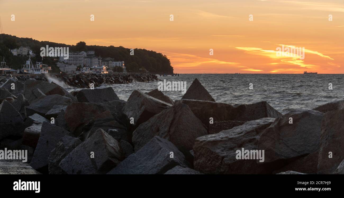 Germany, Mecklenburg-Western Pomerania, Sassnitz, Fürstenhof holiday home on the lake promenade, sunrise, Ruegen island, Baltic Sea Stock Photo