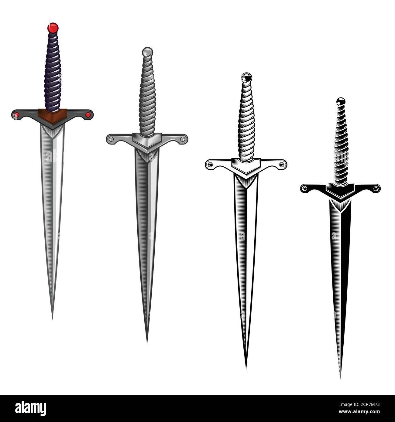 Vector design of four daggers in different styles fullcolor, grayscale, black Stock Vector