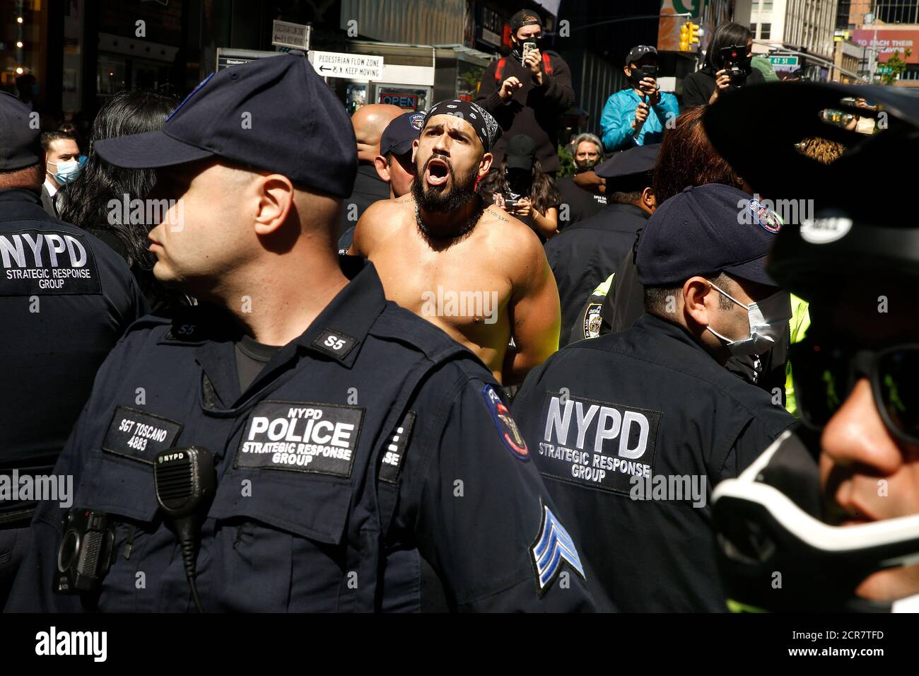 New York City, USA. 19th Sep, 2020. People protest BLM in the hundredths amidst police arrests on 9-19-2020 in New York City. Demonstrators rally in Times Square in support of Black Lives Matter and issues surrounding immigration. (Photo by John Lamparski/SIPA USA) Credit: Sipa USA/Alamy Live News Stock Photo