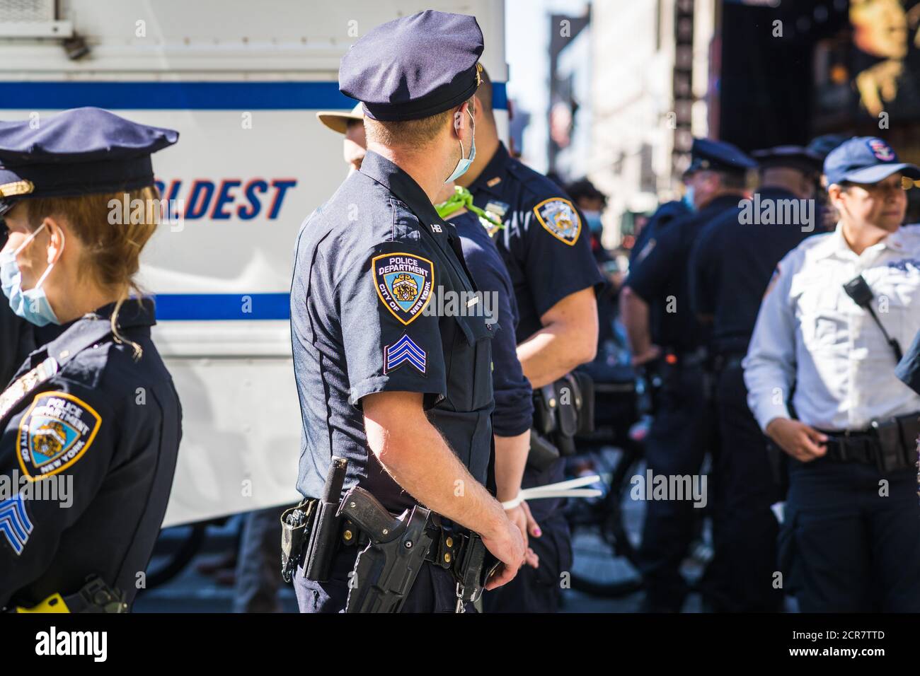 A standoff against NYC Police in Times Square after multiple protesters were arrested in an anti ICE demonstration on Sunday September 20, 2020. Stock Photo