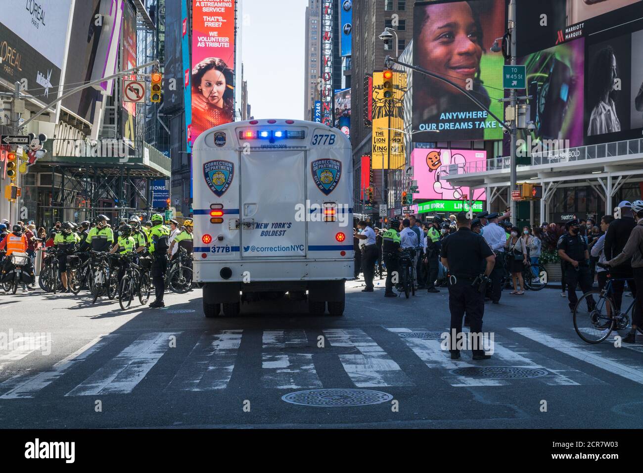 A standoff against NYC Police in Times Square after multiple protesters were arrested in an anti ICE demonstration on Sunday September 20, 2020. Stock Photo
