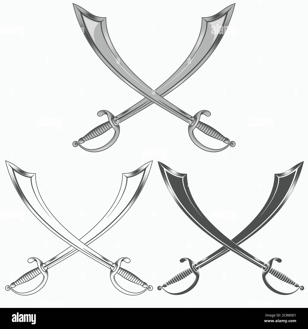 Detailed vector illustration of two herd sword in X, in grayscale. Stock Vector