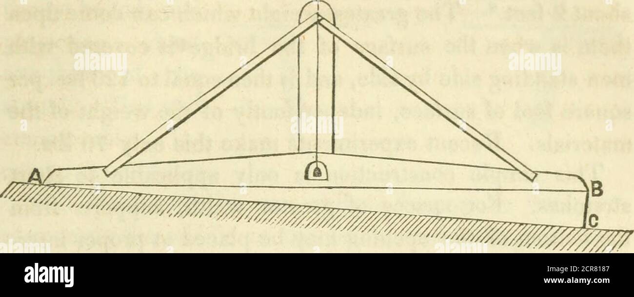 . A manual of the principles and practice of road-making: comprising the location, consruction, and improvement of roads (common, macadam, paved, plank, etc.) and rail-roads . a pivot, which is the centre of a quadrant divided into de-grees. To measure a slope, place the bar upon it, andturn the level till the bubble is in its centre. The read-ing at the top of the level will indicate the inclination ofthe slope. To increase its portabiKty, the long bardoubles up on a hinge in its middle.* To shape the tops of the embankments, and the bot-toms of the cuttings, in accordance with the desired pr Stock Photo