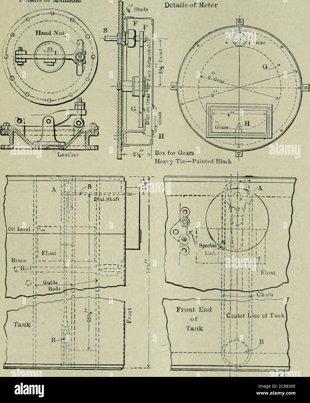 . American engineer and railroad journal . 41„ugTu.-etir«,w Construction of Tanks and Arrangement of Heater Coil Connections. DeuiUs of Manhole. Details of Locomotive Tank Manhole and Filling Hole, and ofTank Oil Meter or Cauge.Boston & Maine Railroad, link, so that as it moves it carries with it the chain and thusrevolves its supporting sprocket wheels. The upper sprocketA is keyed onto the dial-shaft S, which extends through theair-tight stuffing-box F, out into the meter outside the tank,and has keyed onto its outer end the pinion P. This pinionmeshes with the larger gear G in such a ratio Stock Photo