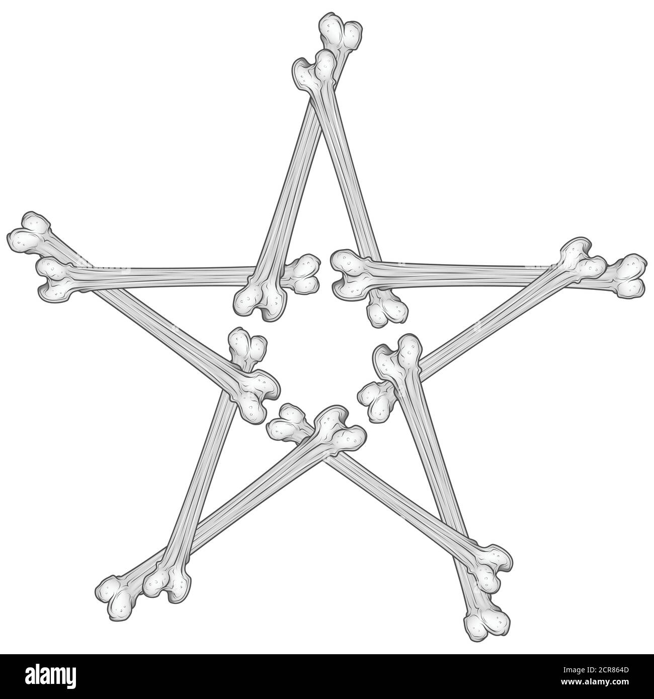 Vector illustration of five pointed star made of bones, all on white background. Stock Vector