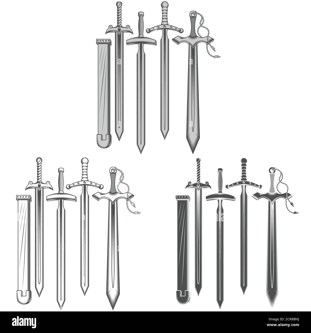 Illustration of four grayscale sword styles with scabbard, all on white background. Stock Vector