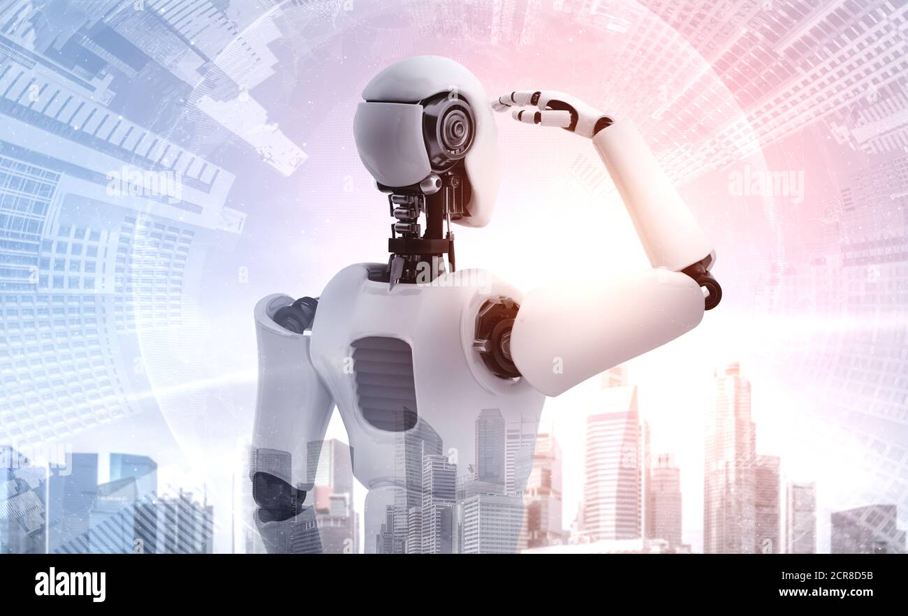 3D illustration robot humanoid looking forward against cityscape