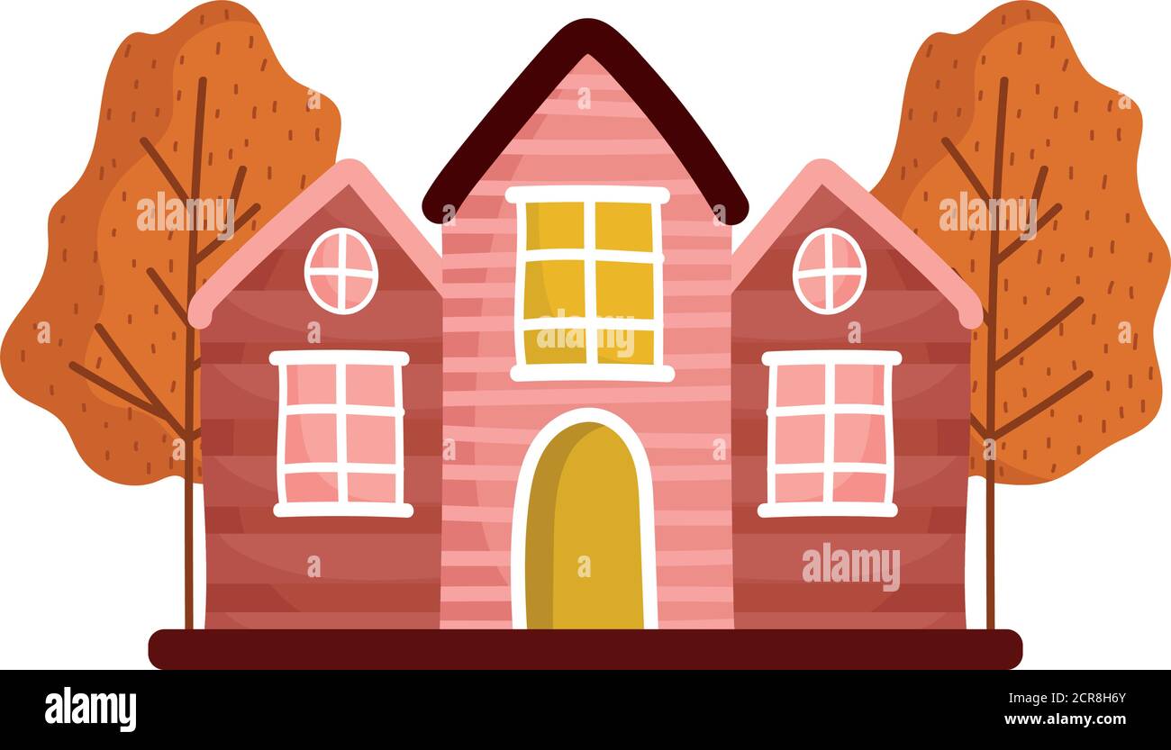 rustic cottages trees foliage nature white background vector ...