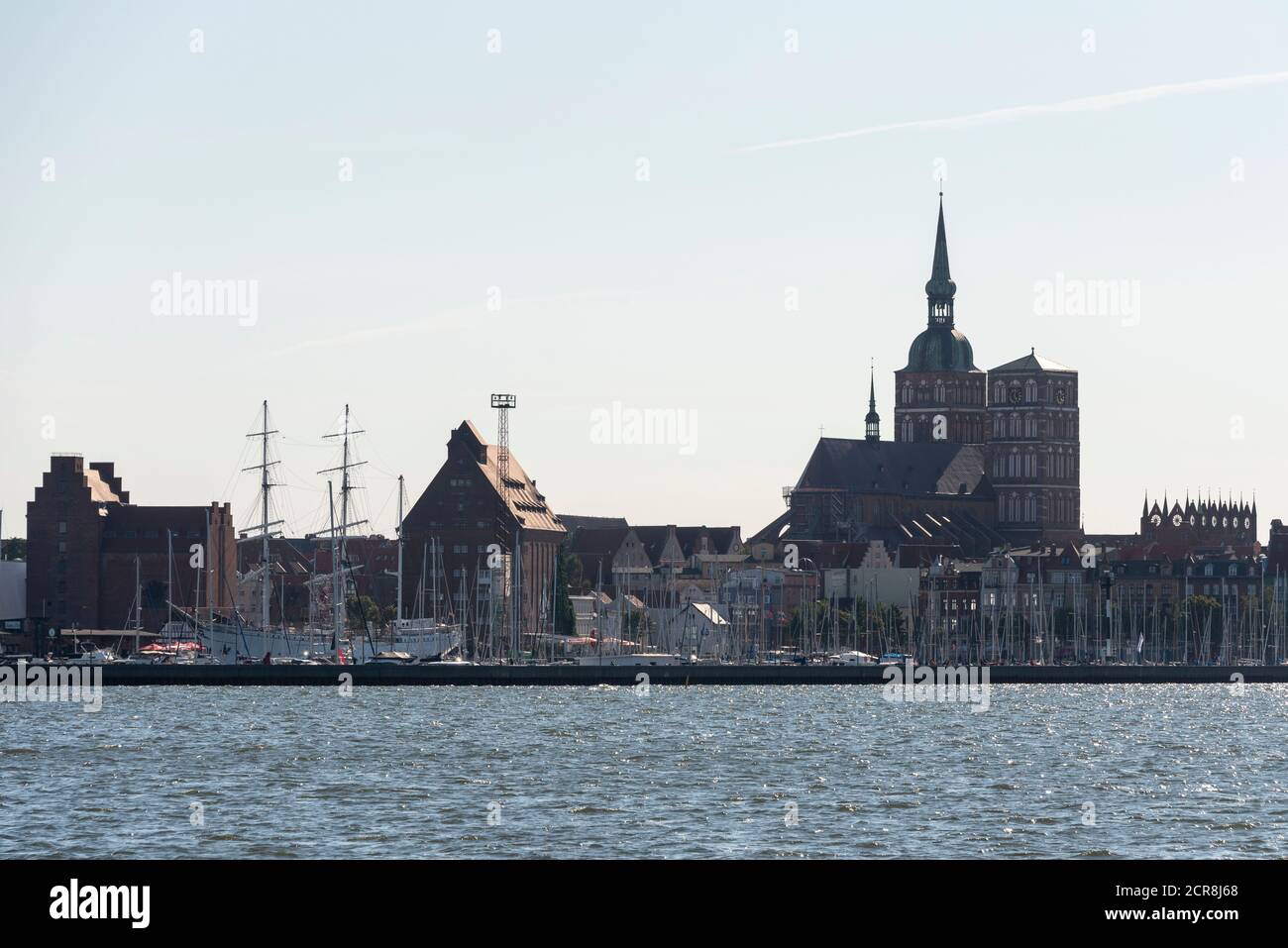 Germany, Mecklenburg-Western Pomerania, Stralsund, harbor, sailing school ship Gorch Fock, Marienkirche, memory, old town of Stralsund, Baltic Sea Stock Photo