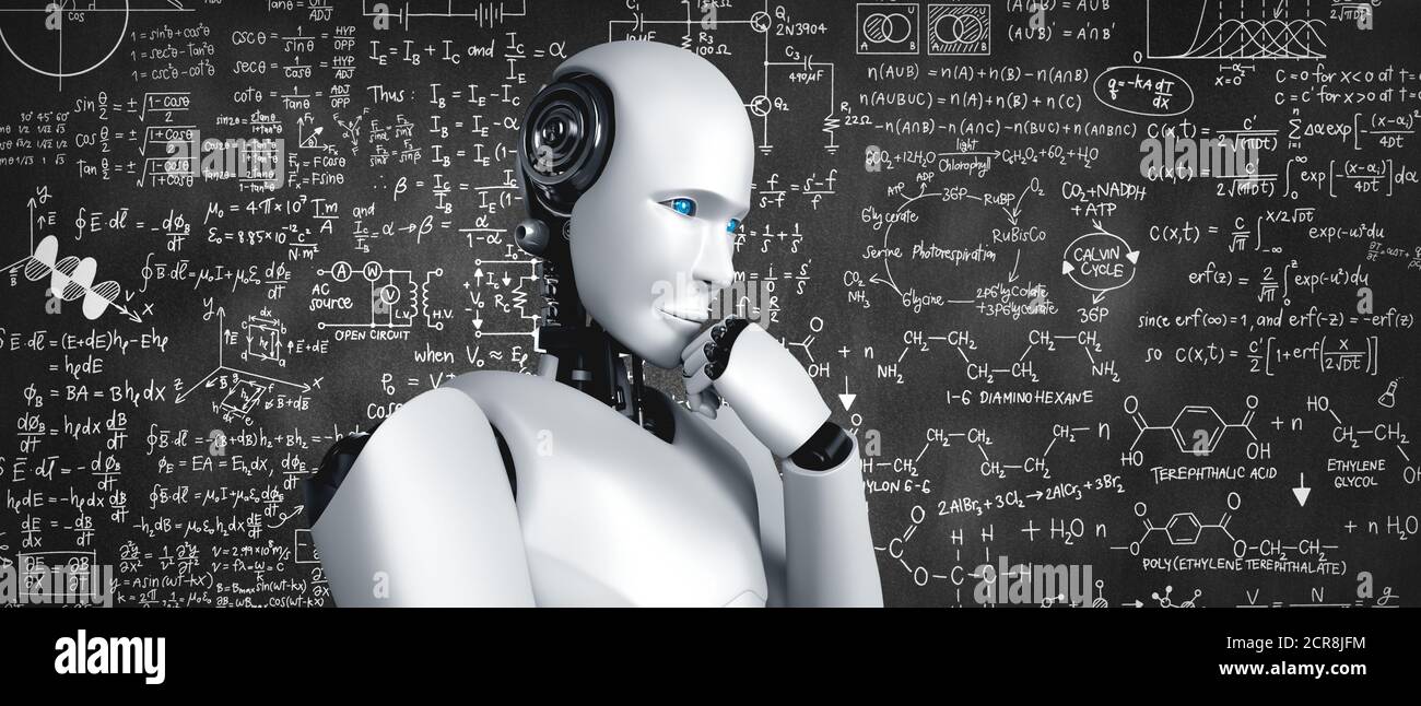 Thinking AI humanoid robot analyzing screen of mathematics formula and science equation by using