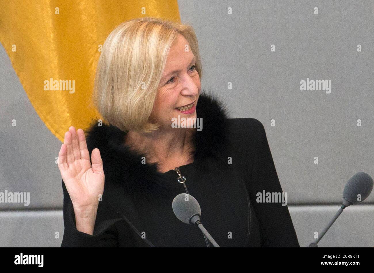 Germany's new Education Minister Johanna Wanka swears the oath of office during a session of the Bundestag, the lower house of parliament in Berlin February 21, 2013. REUTERS/Thomas Peter  (GERMANY  - Tags: POLITICS) Stock Photo