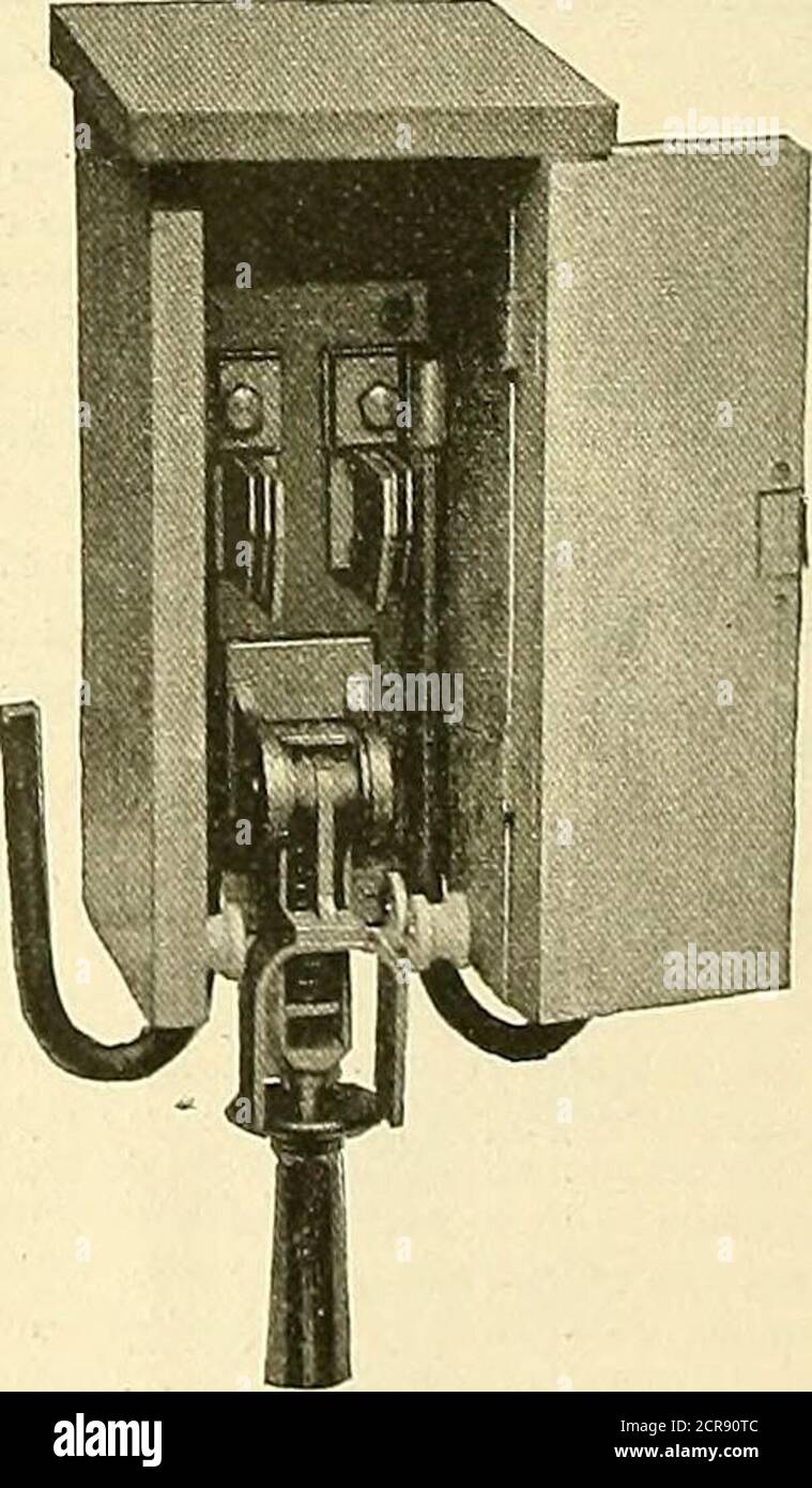 . Electric railway gazette . AJAX LINE SECTION SWITCH. entire system into sections; but the operators havesooner or latter discovered the convenience, ornecessity of inserting section insulators andswitches, so that certain sections of the trolleywire might be cut out of circuit for repairs, orduring the progress of a fire. For this purpose a modfication of the Ajaxswitch has been designed, which, when mounted. AJAX SWITCH, OPEN IN BOX. In a neat wooden box, 1.3x6x61 inches, (outsidedimensions) will occupy a minimum of space ontheipole. This is the most compact form of theAjax switch yet desig Stock Photo