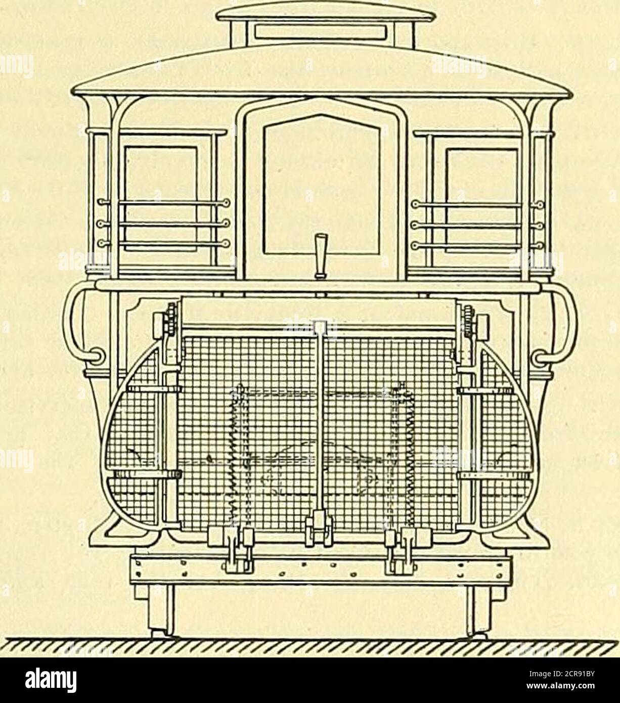 . Electric railway gazette . d,preventing injury from the dashboard or drawbar, ismade of the same material as the fender, small rollersbeing used to prevent the chafing of the dashboard. In its normal position the fender rides at a sufficientdistance from the rails so that it does not touch themwhen the car rocks. The adjustment for this distanceis made by the jointed rods or arms. When necessary,as in the case of a person prostrate on the track,the roller can be firmly pressed down upon the railsby a slight movement of the lever. The roller isthen caused to revolve toward the car, so that it Stock Photo
