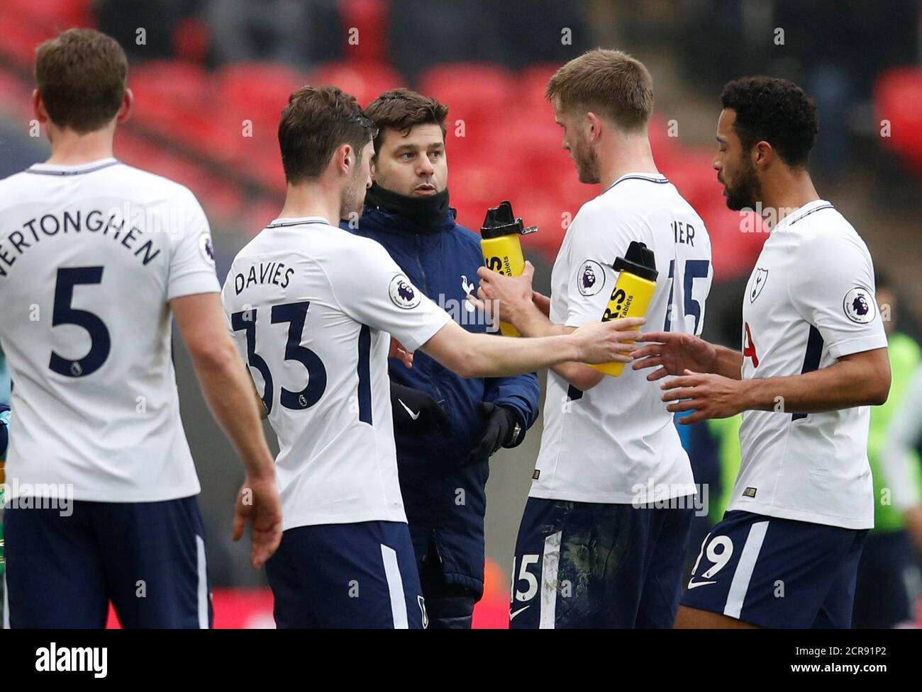 Soccer Football - Premier League - Tottenham Hotspur vs Huddersfield Town - Wembley Stadium, London, Britain - March 3, 2018   Tottenham manager Mauricio Pochettino with Eric Dier, Ben Davies, Jan Vertonghen and Mousa Dembele    REUTERS/Eddie Keogh    EDITORIAL USE ONLY. No use with unauthorized audio, video, data, fixture lists, club/league logos or 'live' services. Online in-match use limited to 75 images, no video emulation. No use in betting, games or single club/league/player publications.  Please contact your account representative for further details. Stock Photo