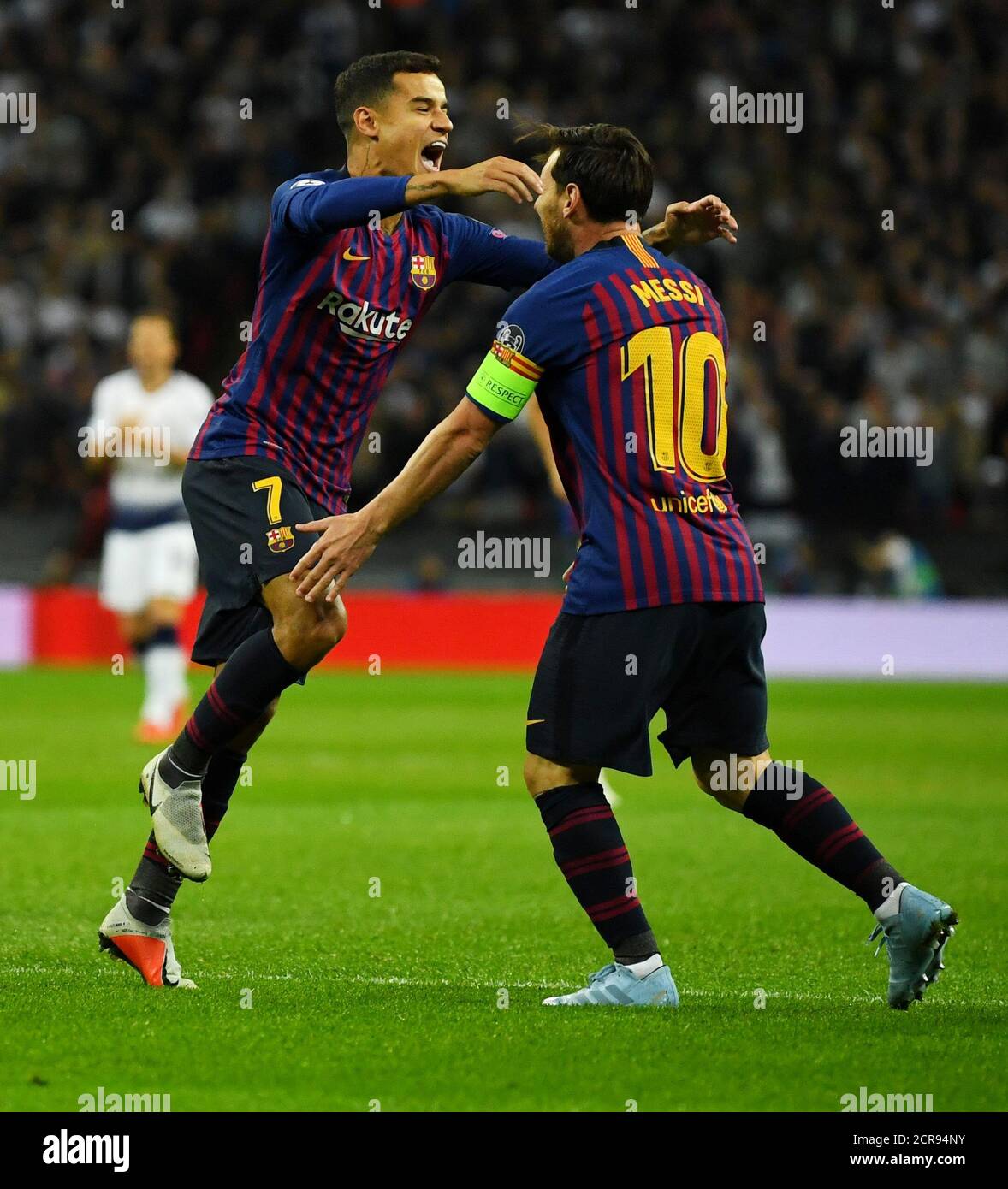 Soccer Football - Champions League - Group Stage - Group B - Tottenham Hotspur v FC Barcelona - Wembley Stadium, London, Britain - October 3, 2018  Barcelona's Philippe Coutinho celebrates with Lionel Messi after scoring their first goal   REUTERS/Dylan Martinez Stock Photo
