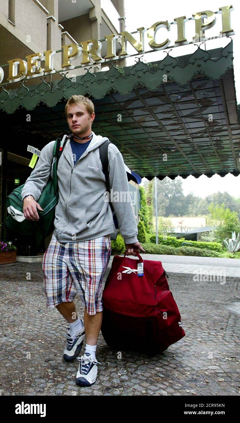 U.S. tennis player Andy Roddick leaves Hotel Parco dei Principi, one of Rome's most prestigious hotels, after a fire started at the hotel early May 1, 2004. A Canadian couple and an American died in a fire on Saturday, a spokesman for the city's fire service said. Among the guest were several tennis player in town for the Rome Open Tennis Master next week. REUTERS/Max Rossi  MR Stock Photo