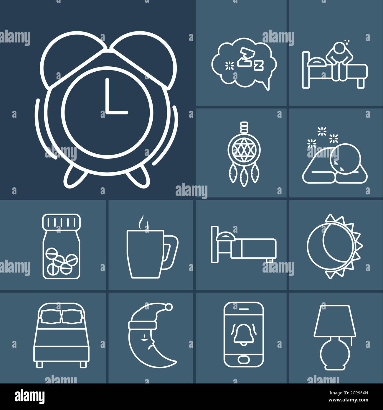 alarm clock and insomnia icon set over dark blue background, line style