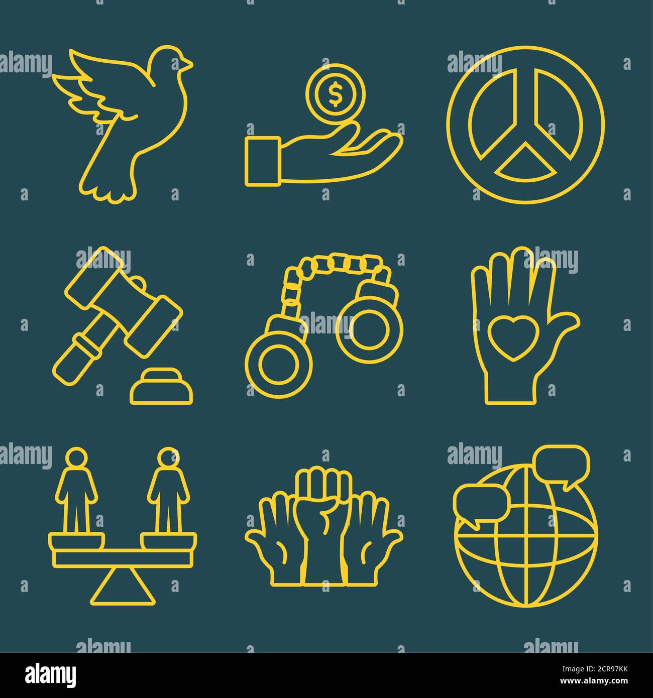 icon set of global sphere and human rights over green background, line ...