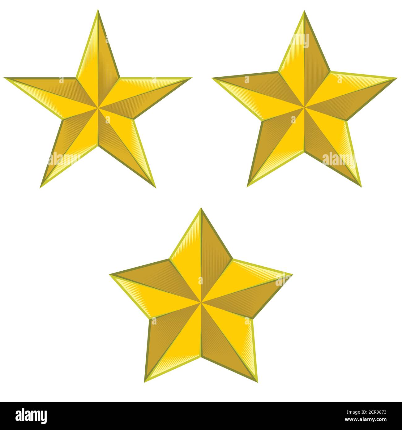 Vector design of three type of 5-pointed stars in gold color, all on white background Stock Vector