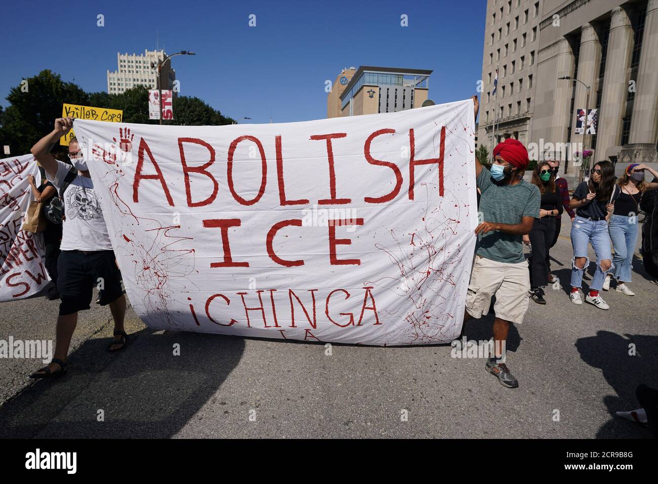 St. Louis, United States. 19th Sep, 2020. Protesters take to the streets of St. Louis in a Abolish ICE march in St. Louis on Saturday, September 19, 2020. The group is asking for the abolishment of the U.S. Immigration and Customs Enforcement Agency, saying that deportation is a crime. Photo by Bill Greenblatt/UPI Credit: UPI/Alamy Live News Stock Photo