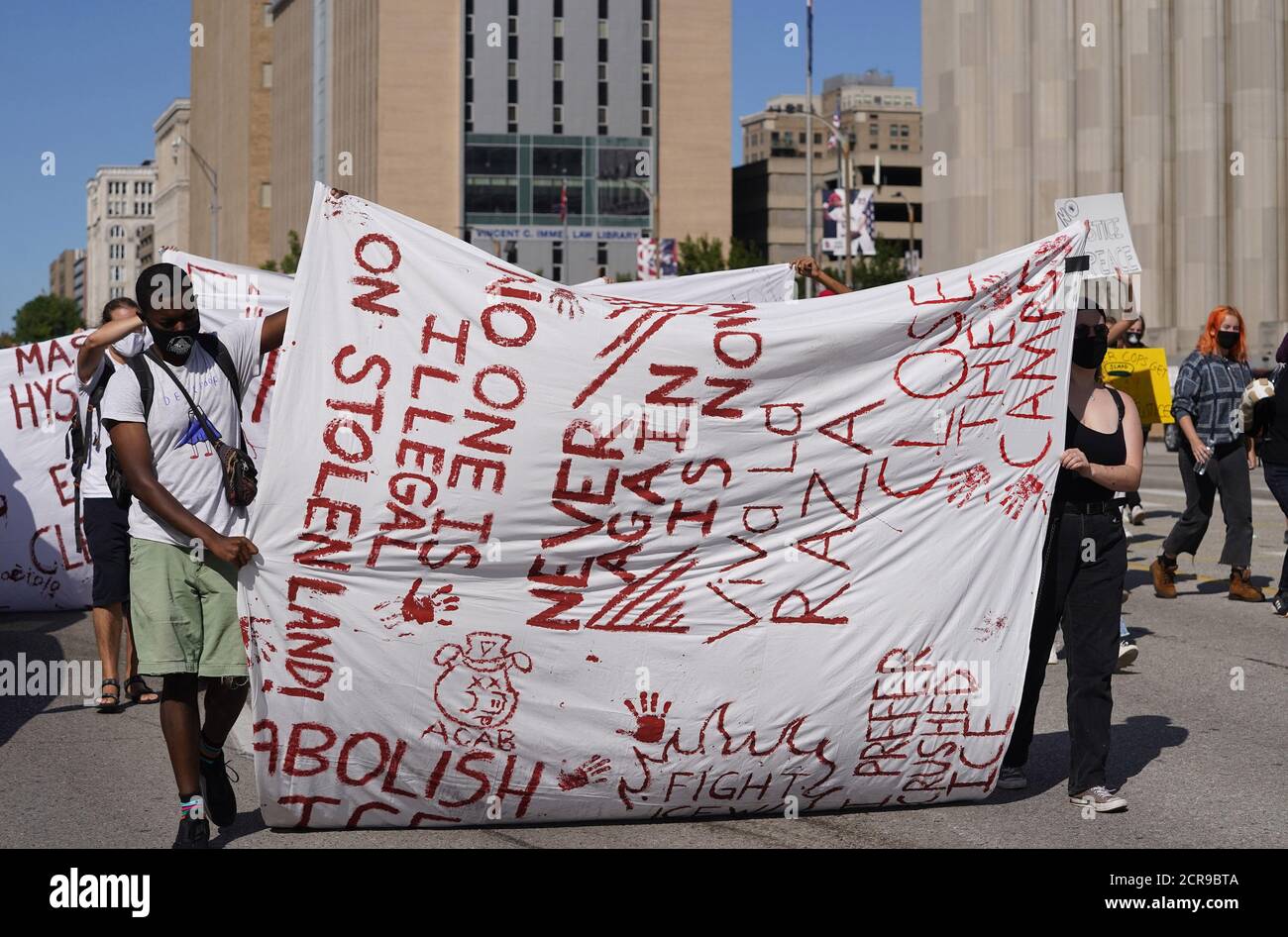 St. Louis, United States. 19th Sep, 2020. Protesters take to the streets of St. Louis during a Abolish ICE march in St. Louis on Saturday, September 19, 2020. The group is asking for the abolishment of the U.S. Immigration and Customs Enforcement Agency, saying that deportation is a crime. Photo by Bill Greenblatt/UPI Credit: UPI/Alamy Live News Stock Photo