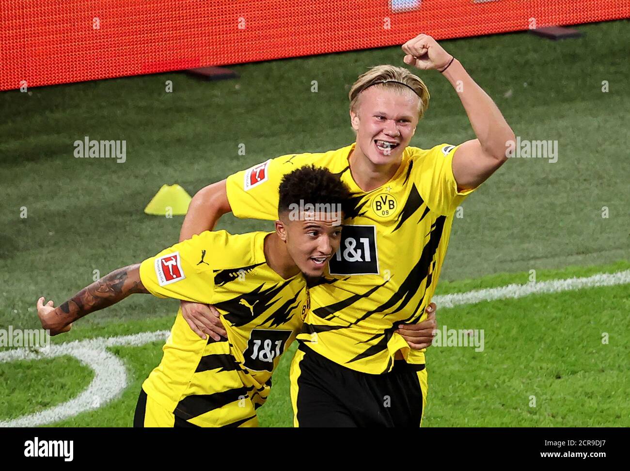 Dortmund, Germany. 19th Sep, 2020. Erling Haaland (R) of Dortmund celebrates scoring with his teammate Jadon Sancho during a German Bundesliga match between Borussia Dortmund and Borussia Moenchengladbach in Dortmund, Germany, Sept. 19, 2020. Credit: Joachim Bywaletz/Xinhua/Alamy Live News Stock Photo