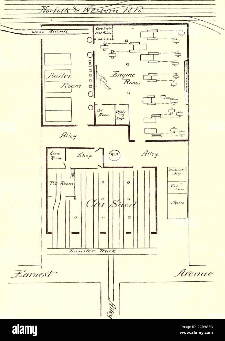 . The Street railway journal . lel tracks. Owing to thefact that the street upon which the car house is located isvery narrow, and to lack of room on the car house lot,preventing the use of curves for entering, a transfer tablewas erected outside of the car house, as shown in Fig. 5.The car house is provided with a pit room for repairs, ashop and store room. The pit room has a glass roof,and the shop contains two lathes, testing boards, a black-smith shop, etc., allowing the company to rewind all itsown armatures, and do other repair work necessary. Thecar house force consists of four men—a ca Stock Photo