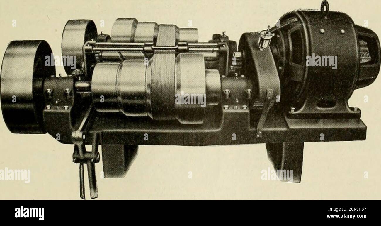 . American engineer and railroad journal . 42 X 42 PL.^NER WITH VARI.BLE SPKED MOTOR DRIVE.. TOP VIEW OF SPEED V.RIATOR SHOWING BELT SHIFTING DEVICE, belt forks are moved alternately along guide rods bymeans of a pair of cylindrical cams, which revolve alter-nately through the medium of a set of intermittent gears oper-ated by the hand wheel shown at the rear. One revolution otthis wheel shifts the belt from one step to another and a shotpin indicates the complete revolution. The cam rolls have spiralslots milled in their peripheries, each belt fork being moved of the belt is controlled by t Stock Photo